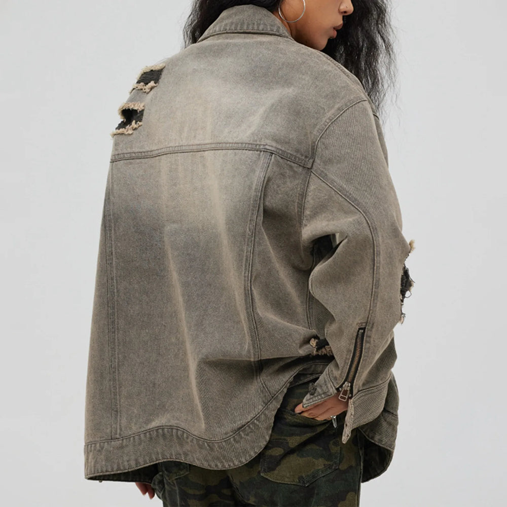 Distressed Denim With Collar Vintage Large Pockets Chic Stylish Elegant Fashionable Versatile