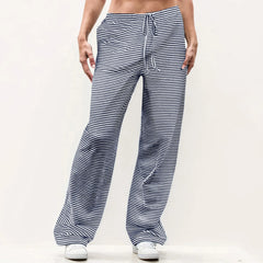 Striped Solid Wide Leg Pants Blue / S