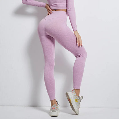 Women Seamless Striped High Waist Yoga Workout Fitness Ribbed Elastic Sportwear Leggings