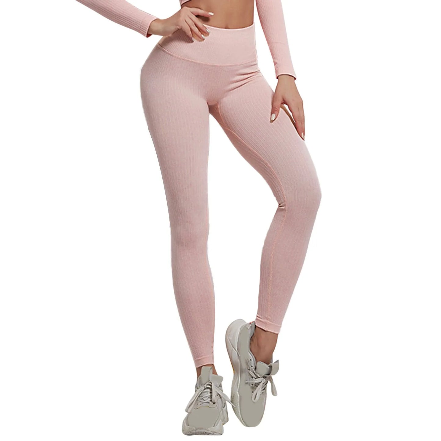 Women Seamless Striped High Waist Scrunch Yoga Workout Fitness Ribbed Elastic Sportwear Leggings