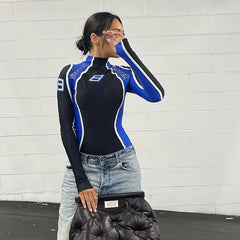 Women Streetwear Contrast-color Print Skinny Moto Rompers Knit Top knittop-250126
