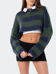 Striped Crew Neck Loose Sweater Green / S