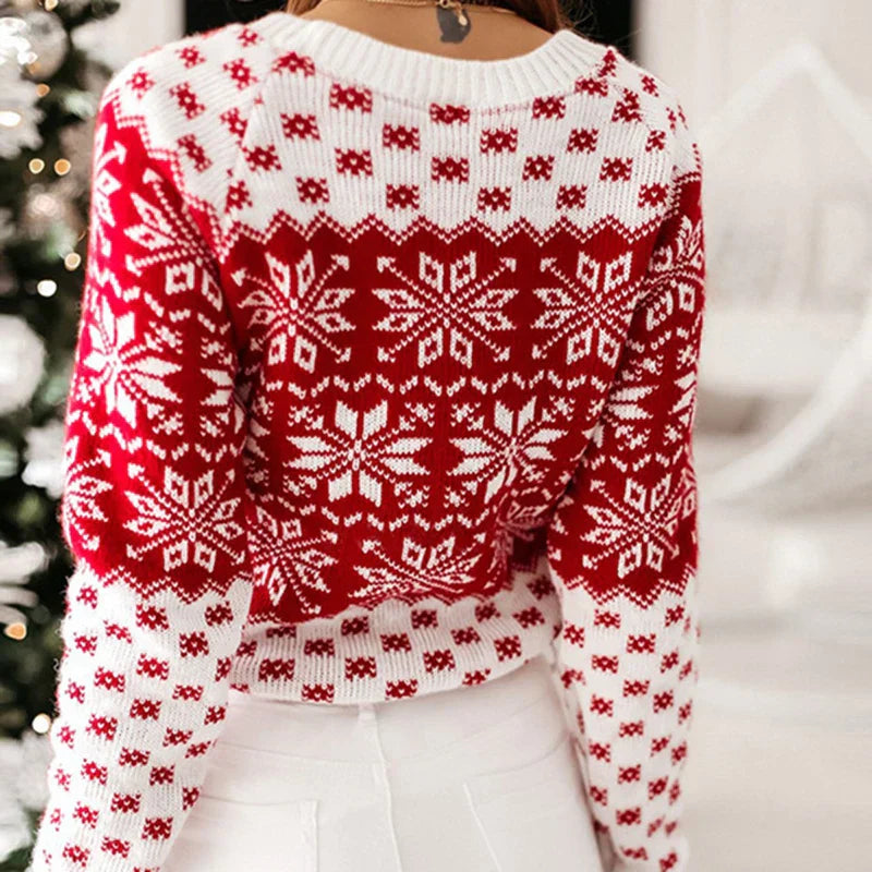 Christmas Snowflake Printed Long Sleeve O Neck Ladies Jumper Sweater Sweaters-L