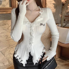 V-Neck Knit Sweater Pattern Tassel Irregular Hem Knit Top knittop-250126