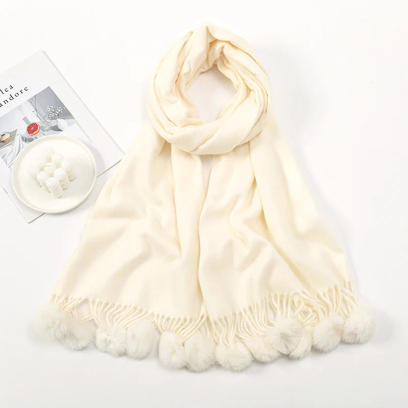 Rabbit Fur Ball Cashmere Pompom Oversize Blanket Scarf For Women Apricot Scarfs-L