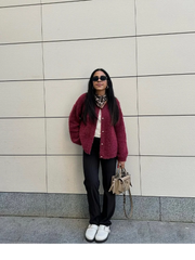 Wine Red Round Neck Button Cardigan