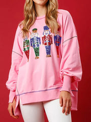 Y2K Nutcracker Graphic Sequin Long Sleeve Crewneck Pullover Christmas Hoodie Pink / S Hoodies-L