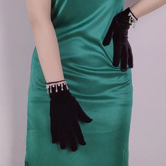 Golden Velvet Tassel Rhinestone Full Finger Christmas Glove for Makeup Party Opera Dance