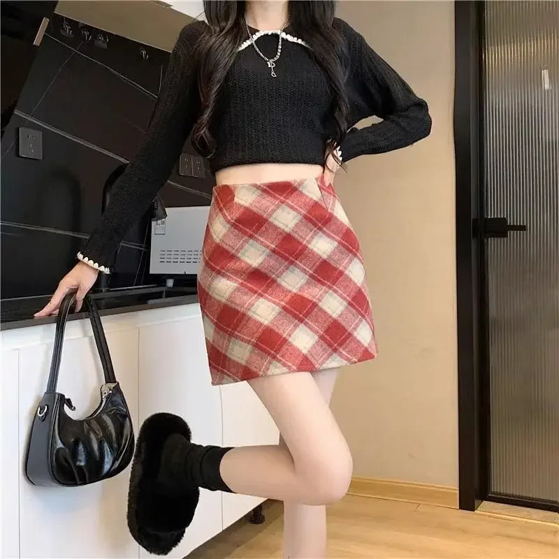 Petite Plaid Wool Sweater A-line Short Skirt