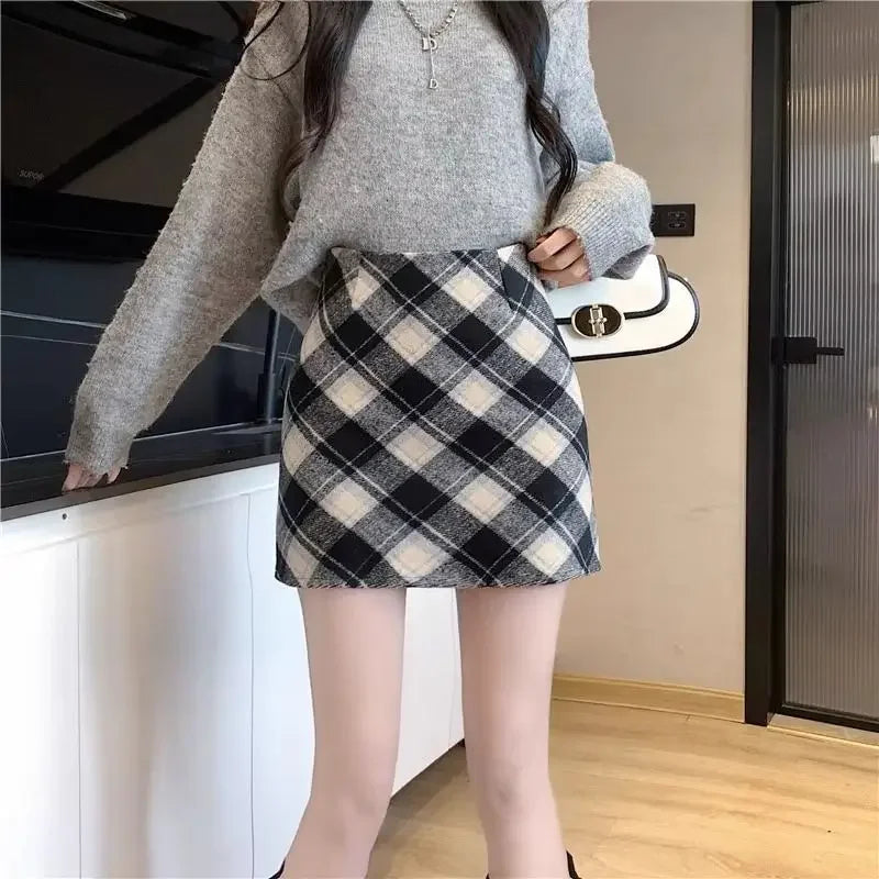 Petite Plaid Wool Sweater A-line Short Skirt