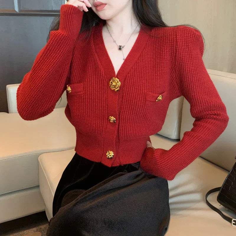 V-Neck Long Sleeved Cardigan Jacket Warm Black Red Christmas Sweater Sweaters-L