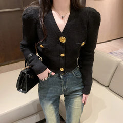 V-Neck Long Sleeved Cardigan Jacket Warm Black Red Christmas Sweater Sweaters-L