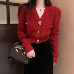 V-Neck Long Sleeved Cardigan Jacket Warm Black Red Christmas Sweater / S 40-48Kg Sweaters-L
