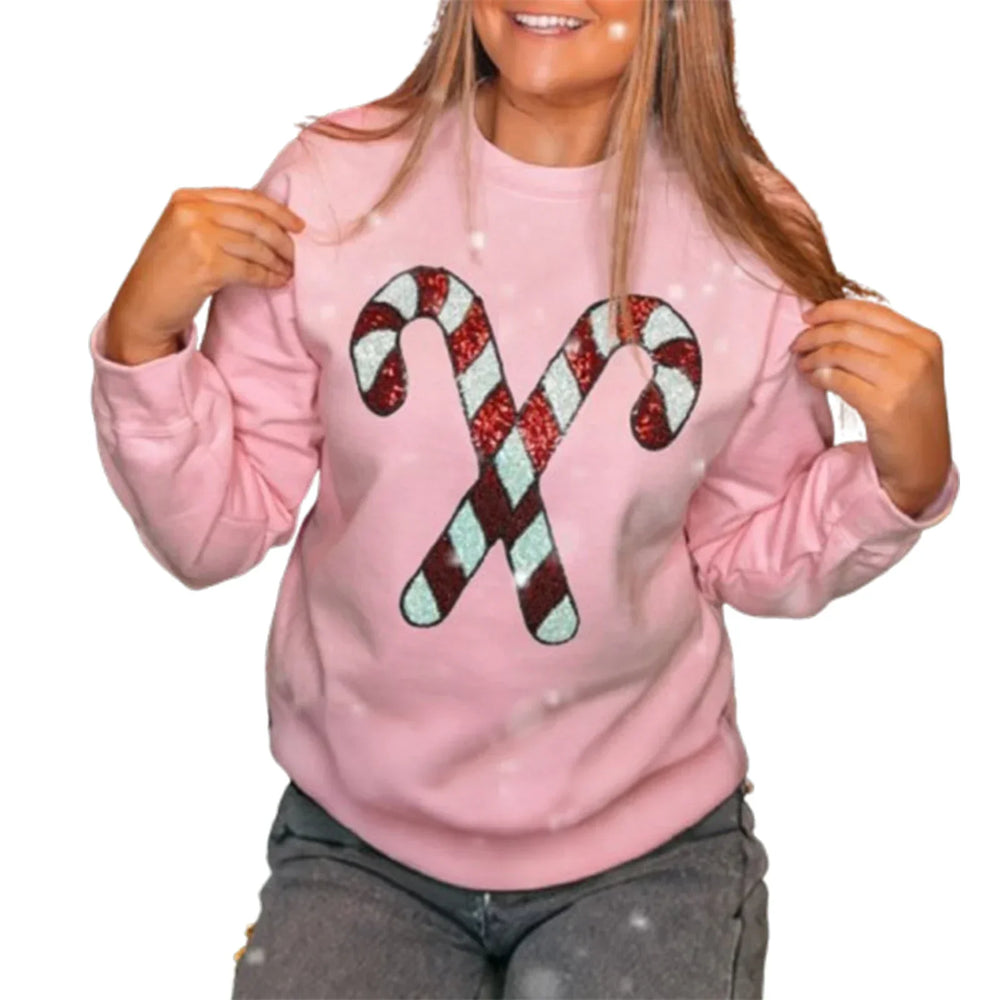 Loose Pullover Snowflake Letter Embroidery Crew Neck Long Sleeve Christmas Hoodie Pink / S Hoodies-L