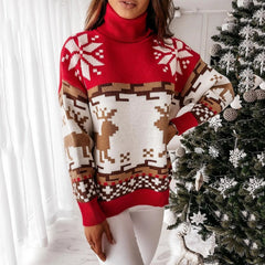 Elk Long Neck Christmas Pullover Sweater Red / S Sweaters-L
