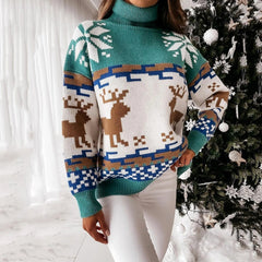 Elk Long Neck Christmas Pullover Sweater Green / S Sweaters-L