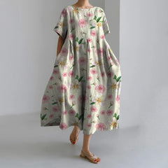 Exquisite 3D Floral Print Short Sleeve Midi Evening Dress green1 / S oldfloraldress-250126