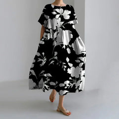 Exquisite 3D Floral Print Short Sleeve Midi Evening Dress black1 / S oldfloraldress-250126