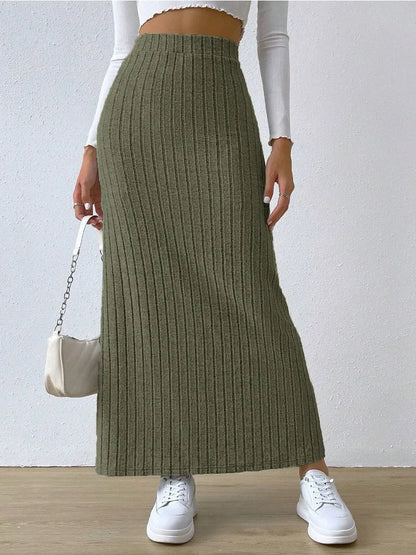 Fashion Casual Loose High Waisted Side Slit Slim Fit Knitted Skirt