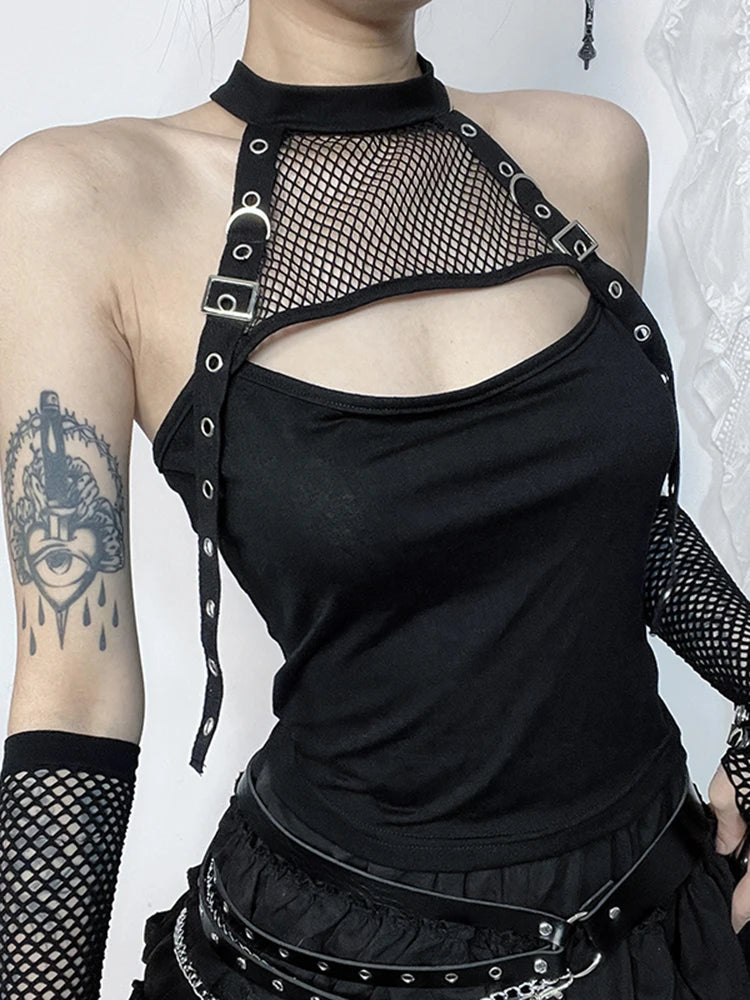 Gothic Slim Peplum Fishing Net Hanging Neck Crop Top