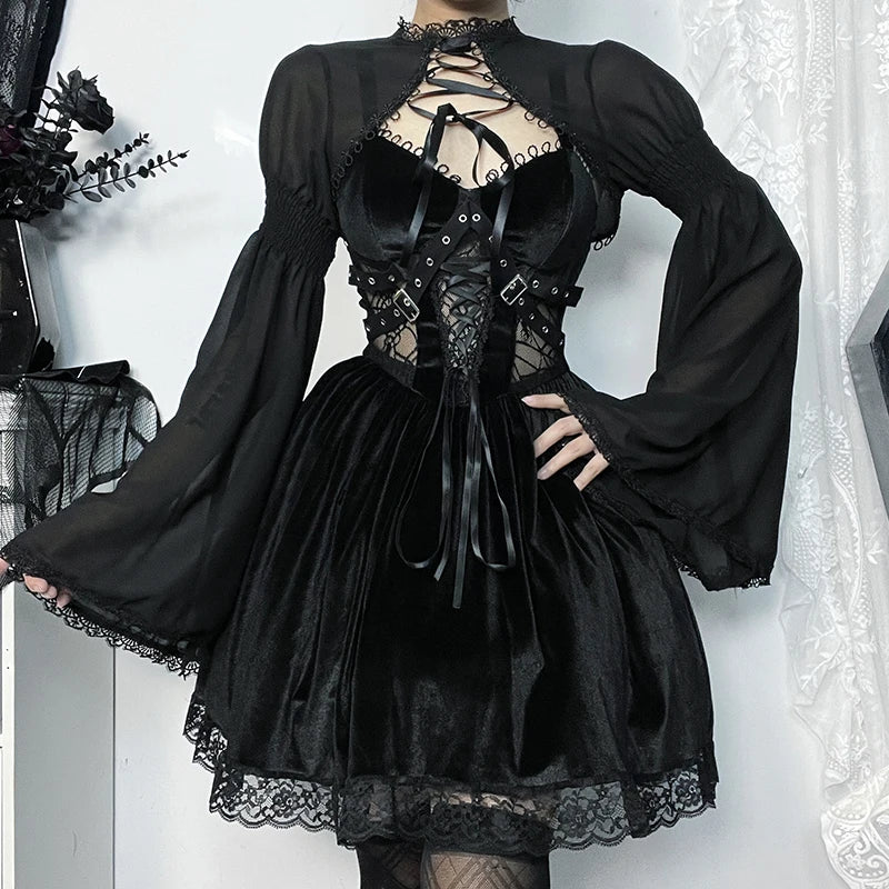 Trendy slim flare-design gothic dark bow-embellished lace party Cardigans