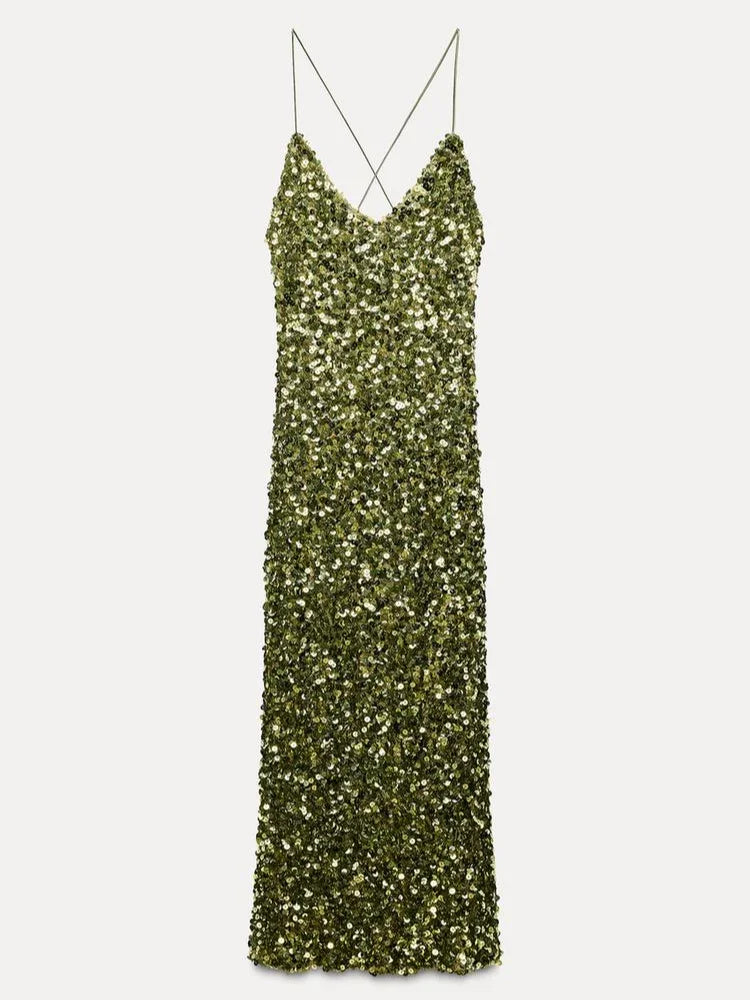 Green Sequin Backless Sling Dress - Sexy Off Shoulder Christmas Party Dress