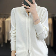 Fashionable Cozy Stylish Warm Elegant Pure Wool Long Sleeve Stand Collar Double Zipper Knit Sweater