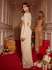 Women’s Perspective Mesh Crystal Two Piece Set Square Neck Christmas Party Dress Dresses-L