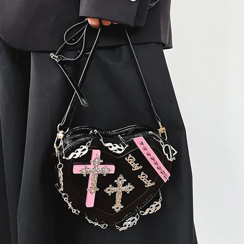 Gothic Heart-Shaped Leather Crossbody Shoulder Bag