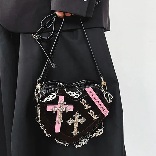 Gothic Heart-Shaped Leather Crossbody Shoulder Bag