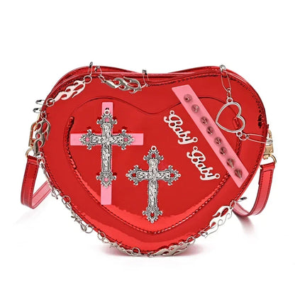 Heart-Shaped Metal Gothic Punk Shoulder Decoration Leather Crossbody Bag