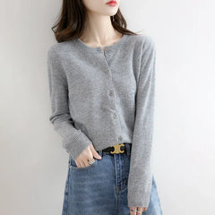 Short Slim O-Neck Single Breasted Gold Camel Knit Cardigan GRAY / S cardiagn-250126