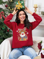 Christmas Deer Print Crew Neck Fall Winter Long Sleeve Casual Hoodie Hoodies-L