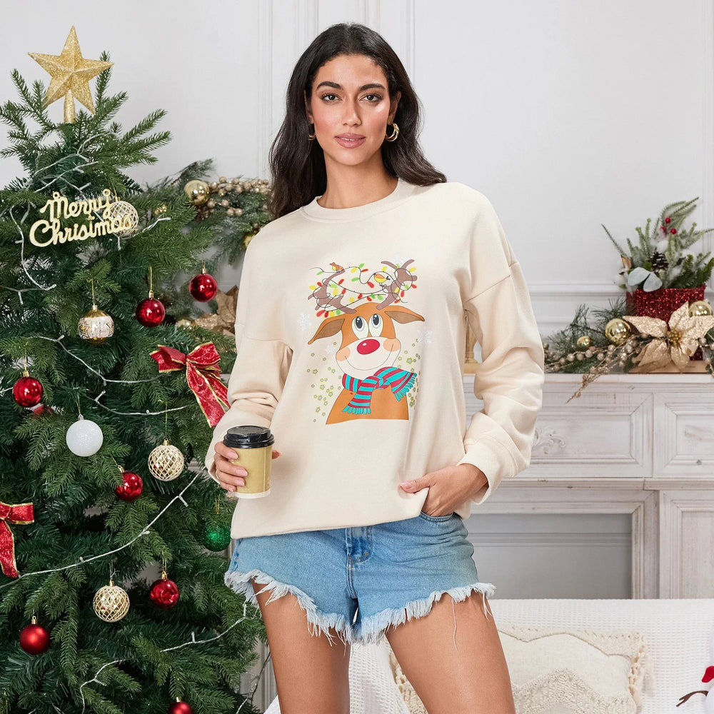 Christmas Deer Print Crew Neck Fall Winter Long Sleeve Casual Hoodie Beige / S Hoodies-L