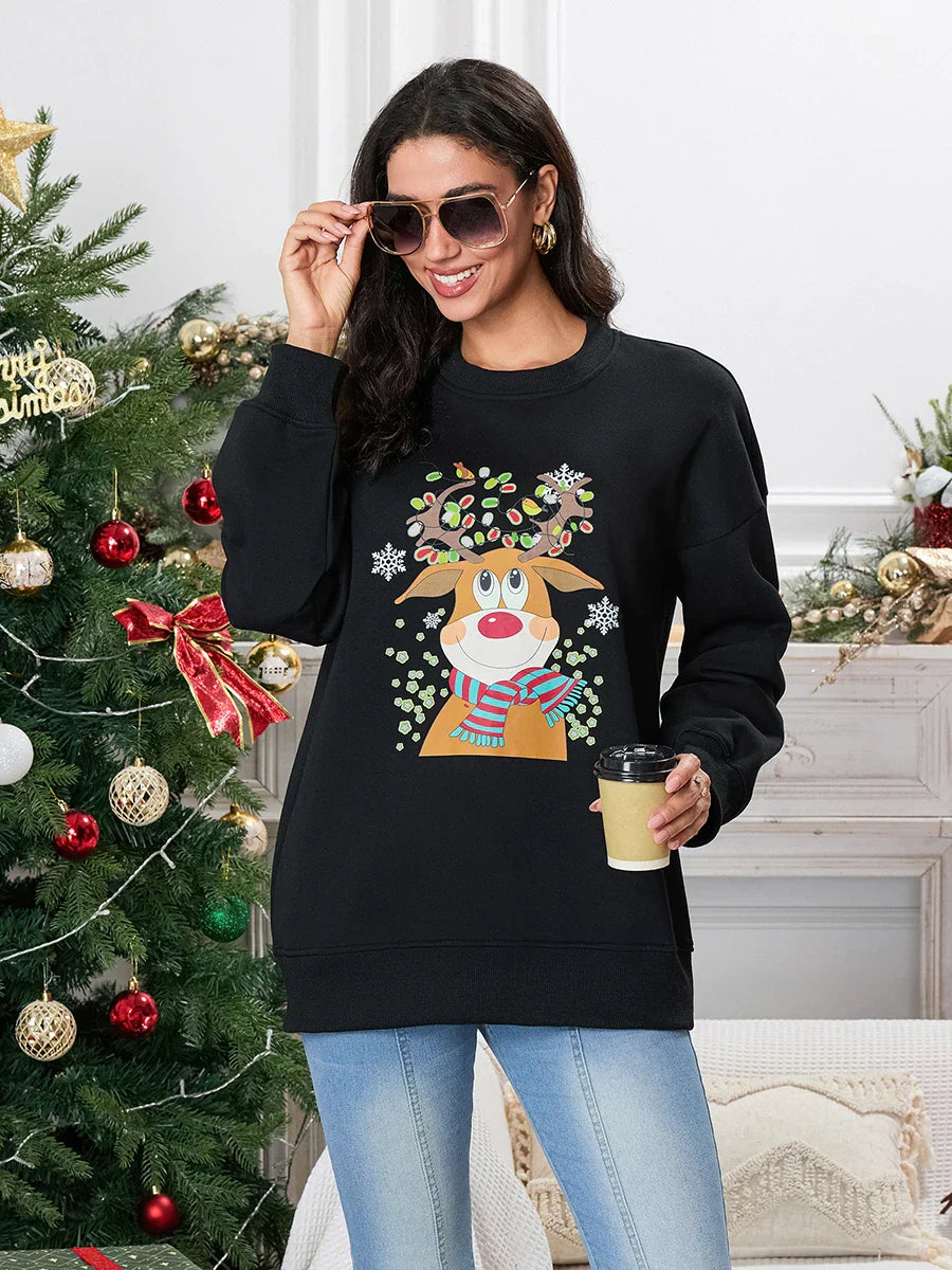 Christmas Deer Print Crew Neck Fall Winter Long Sleeve Casual Hoodie Hoodies-L