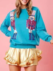 Cute Ugly Sequin Graphic Nutcracker Holiday Christmas Hoodie Blue / S Hoodies-L
