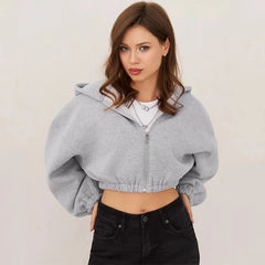 Fashion Zipper Cropped Solid Color Long Sleeve Hoodie