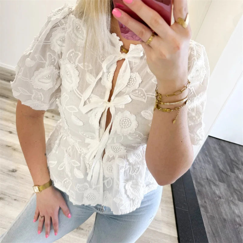 Floral Embroidery Puff Short Sleeve Blouse blouse-250223