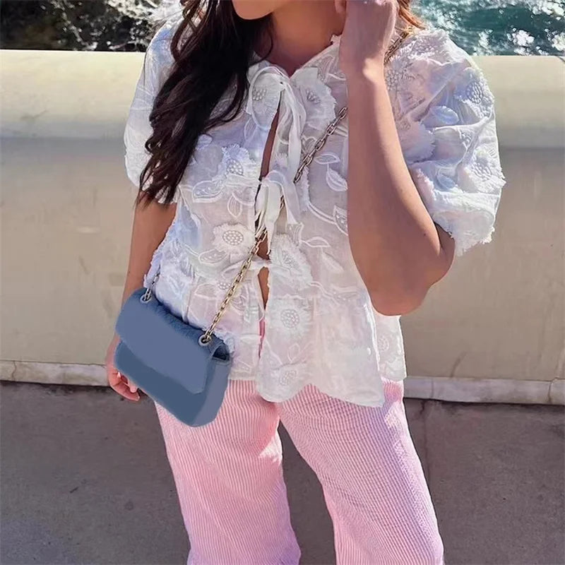 Floral Embroidery Puff Short Sleeve Blouse blouse-250223