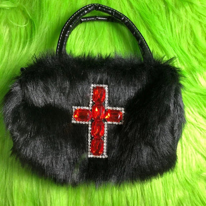 Y2K Soft Hop Gothic Punk Harajuku Plush Shoulder Hip Black Cross Applique Bag