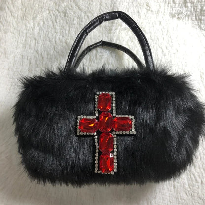 Y2K Soft Hop Gothic Punk Harajuku Plush Shoulder Hip Black Cross Applique Bag