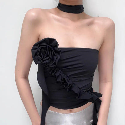 Gothic Off Crop Ruffles Shoulder Flower Backless Aesthetic Top