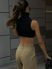 Y2K Black Knitting Turtleneck Crop Women Irregularity Skinny Elasticity Fashion Club Streetwear