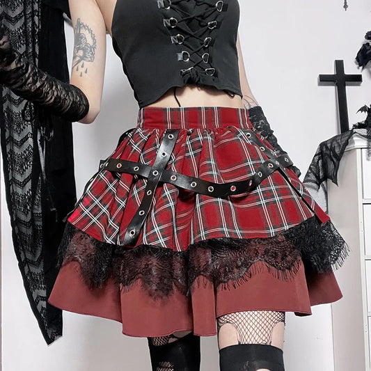 Y2k Harajuku Lace Cake Lolita Little Girls Pleated Gothic Sweet Kawaii Mini Plaid Skirt