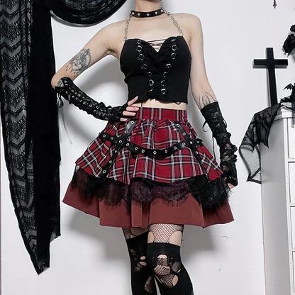 Y2k Harajuku Lace Cake Lolita Little Girls Pleated Gothic Sweet Kawaii Mini Plaid Skirt