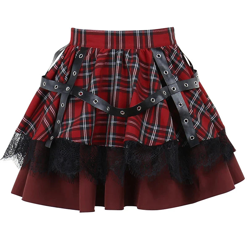 Y2k Harajuku Lace Cake Lolita Little Girls Pleated Gothic Sweet Kawaii Mini Plaid Skirt