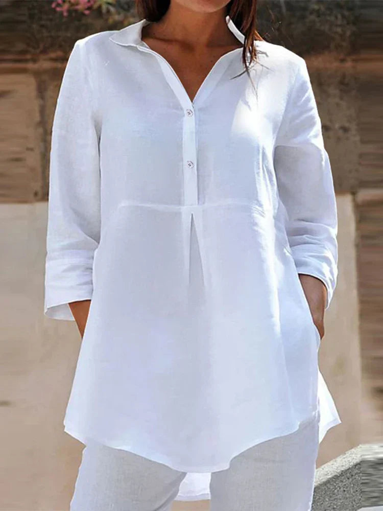 Lapel Neck 3/4 Sleeve Casual Loose Button Blouse WHITE / S blouse-250126
