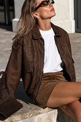 Washed Faux Leather Utility Bomber Jacket