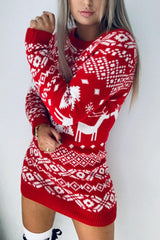 Knit Christmas Print Long Sleeve Bodycon Mini Dress