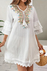 Tassel Pom Pom Ruffle Sleeve Lace Detail Boho Dress